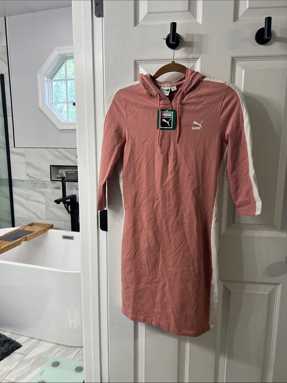 PUMA T7 Hooded Midi Dress Cameo Brown White Stripe NWT M